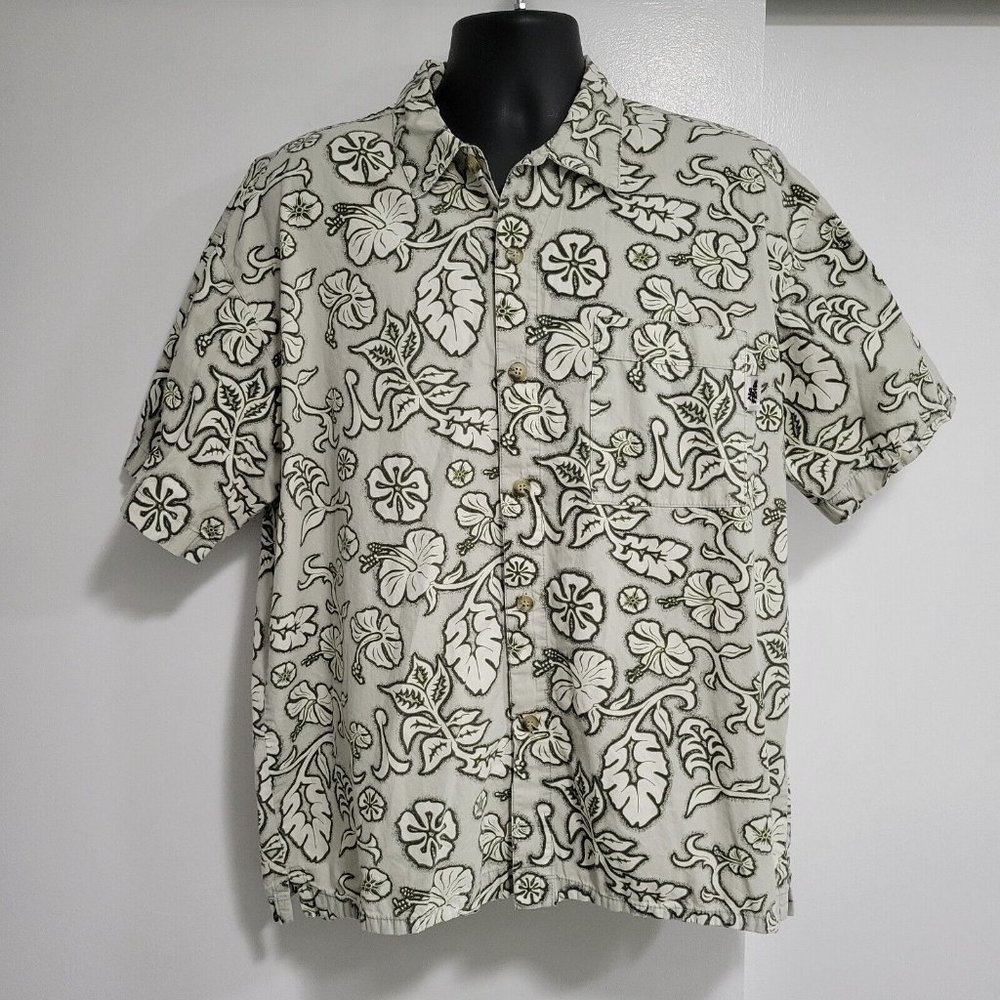 No Fear Vintage‎ Button Up Hawaiian Shirt Men's L Short Sleeve Pocket Green